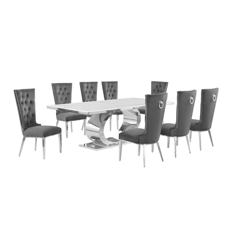 Best Quality Furniture 9pc Large(87) marble top dining set with silver base and  8 Dark grey chairs image number 0