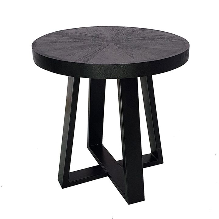 Benjara Raj 24 Inch Round Side End Table, Cross Legs Design, Black Acacia Wood Iron