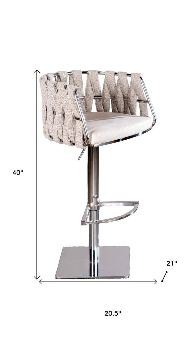 HomeRoots Off White and Silver Faux Leather Linen and Steel Low Back Adjustable Height Swivel Bar Chair image number 5