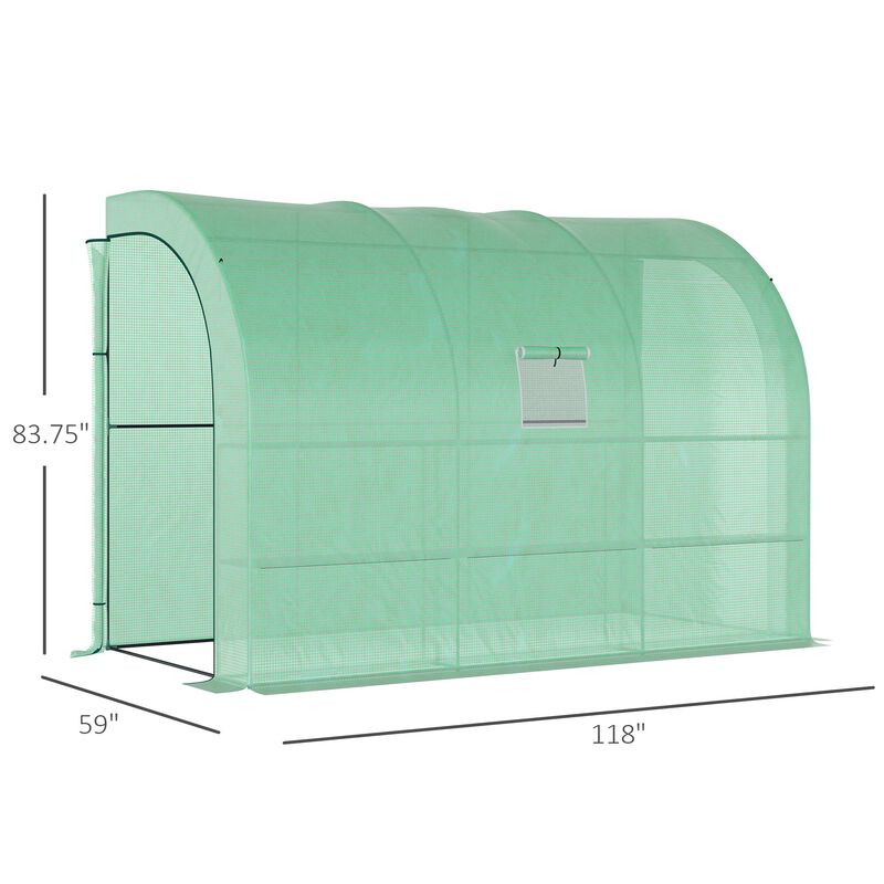 Outsunny 10' x 5' x 7' Lean to Greenhouse, Walk-In Green House, Plant Nursery with 2 Roll-up Doors and Windows, PE Cover and 3 Wire Shelves, Green