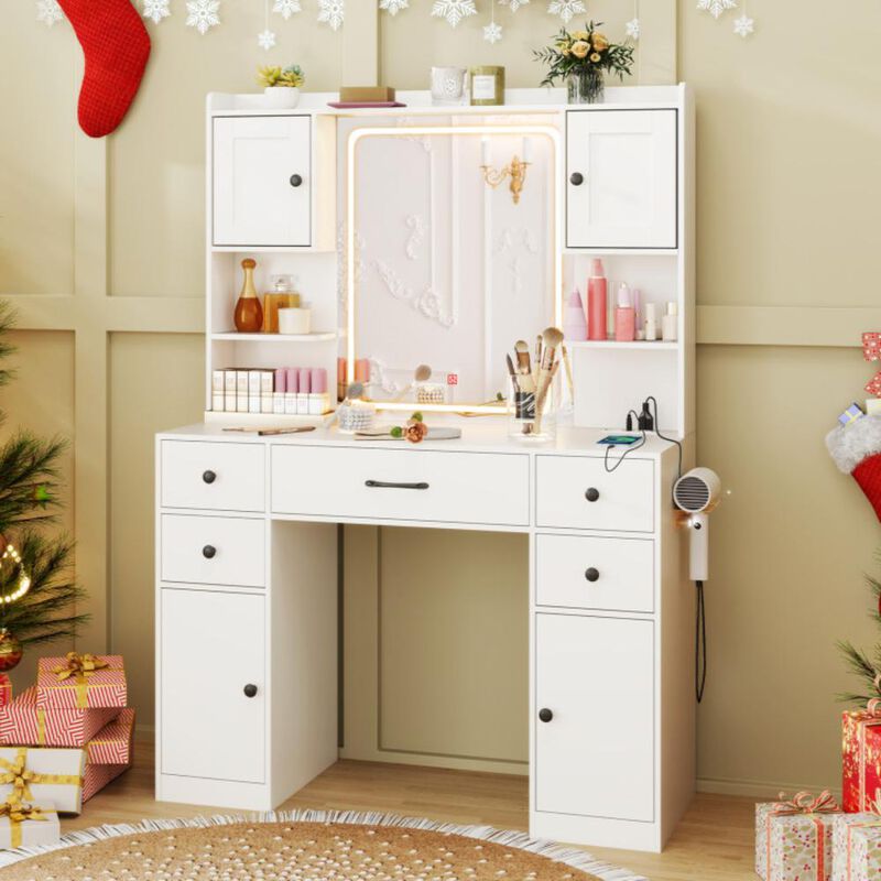 Hivvago Makeup Vanity Desk with Lighted Mirror and Charging Station