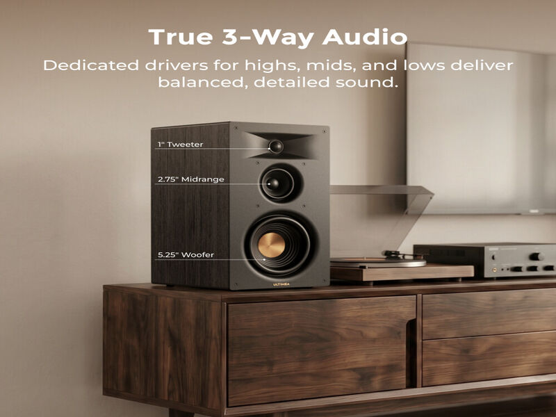 ULTIMEA BS-3 3-Way Powered Bookshelf Speakers, 70W RMS with 5.25" Woofer, HDMI ARC, Bluetooth 6.0, Auracast, App Control, BassMX image number 2