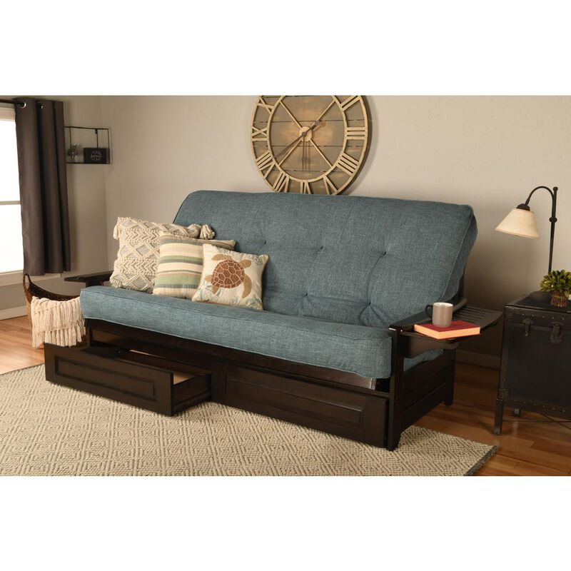 Phoenix Frame Queen-Espresso Finish-Linen Aqua Mattress-Storage Drawers image number 1