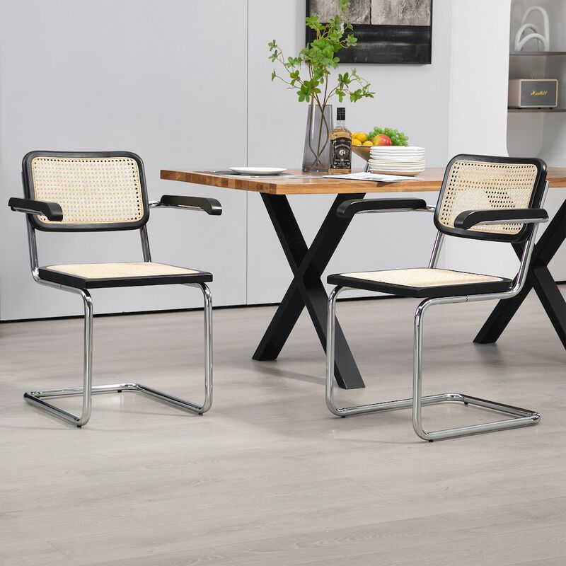 Glamour Home Set of 2 Barnard Black Wooden Dining Chair with Rattan Back and Chrome Legs
