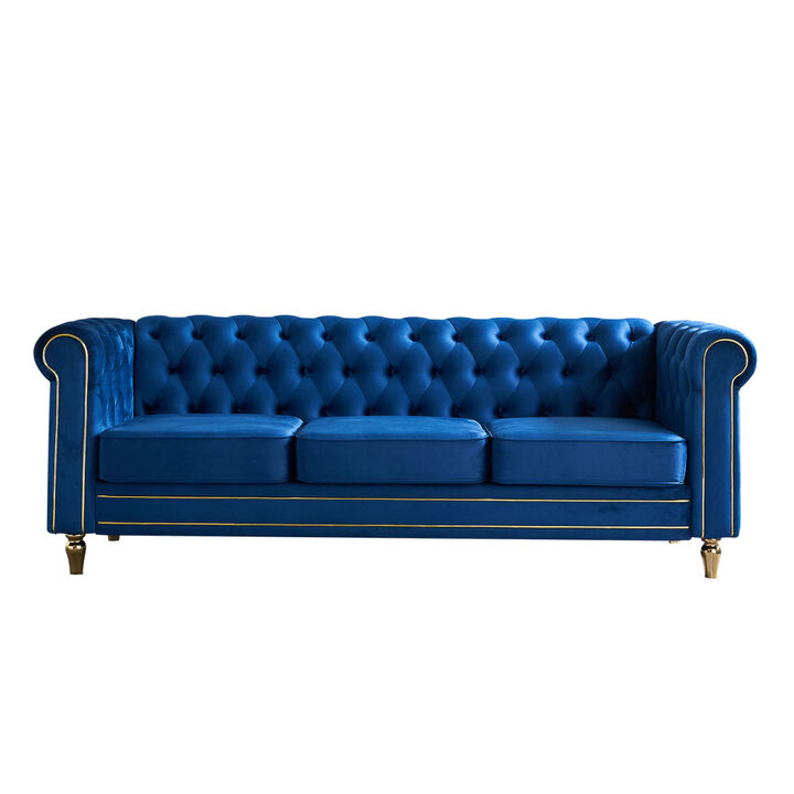 Chesterfield Velvet Sofa 84.65 inch for Living Room BLUE Color