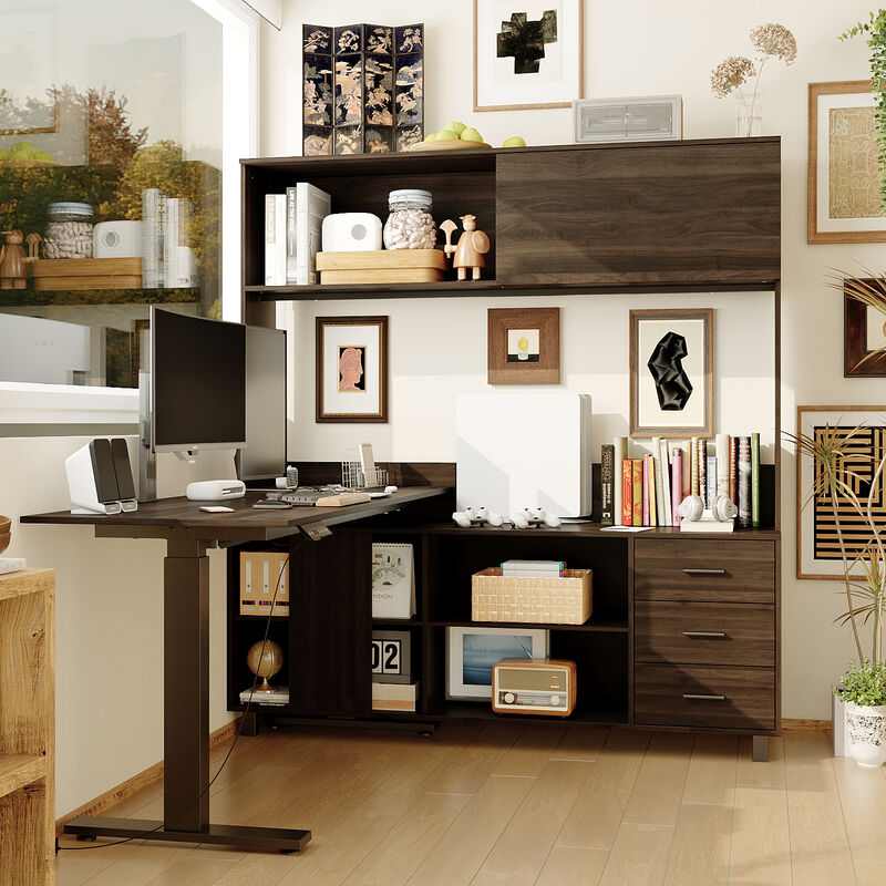 FUFU&GAGA L-Shaped Standing Desk with Hutch &ndash; Adjustable Height Computer Desk with Storage Drawers & Shelves, (63" W x 68.3" H x 63" D), Rustic Brown image number 2