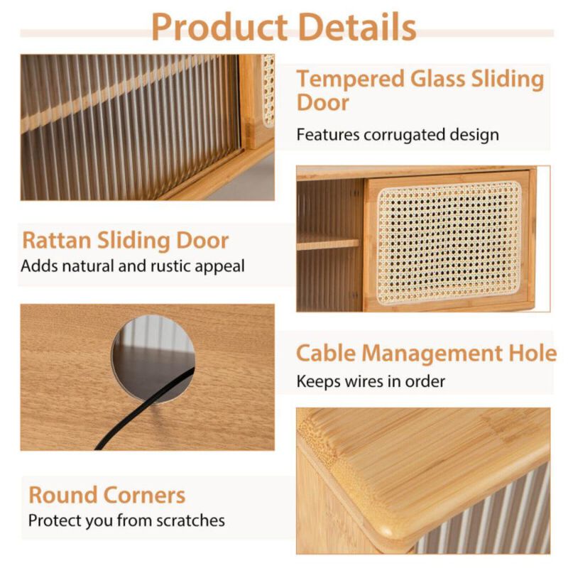 Hivvago Modern TV Stand with Rattan Glass Sliding Doors