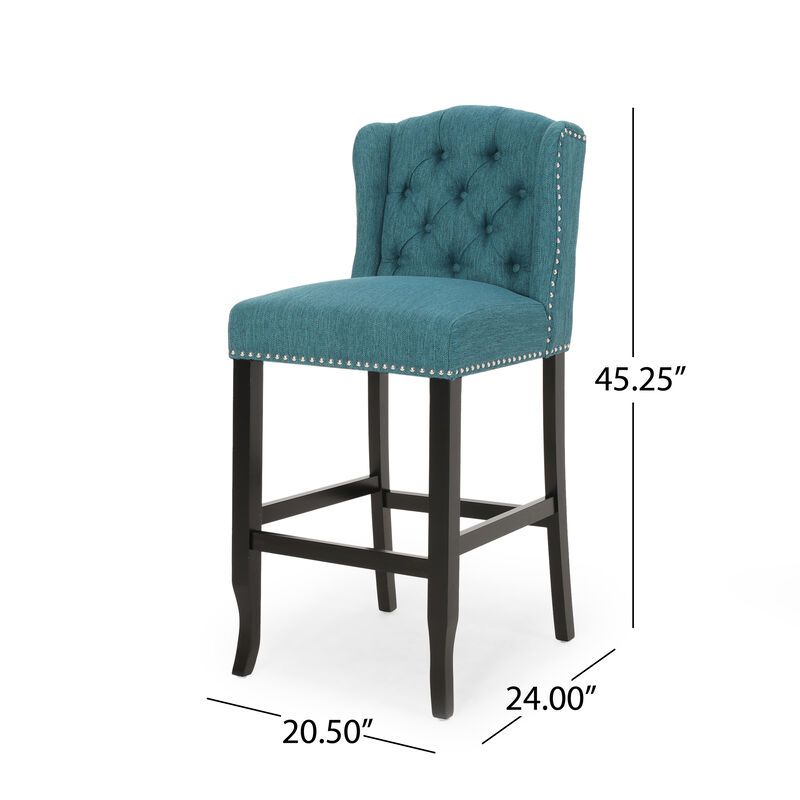 Seliva Barstool Chair Set of 2, Teal Fabric, Tufted Back, Brown Rubberwood - Benzara