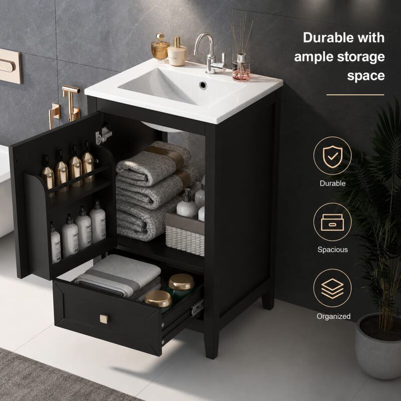 ELEMENT ACE Freestanding 20 Inch Bathroom Vanity with Ceramic Sink, Soft Closing Door, Drawer, and Built-In Storage Rack image number 4