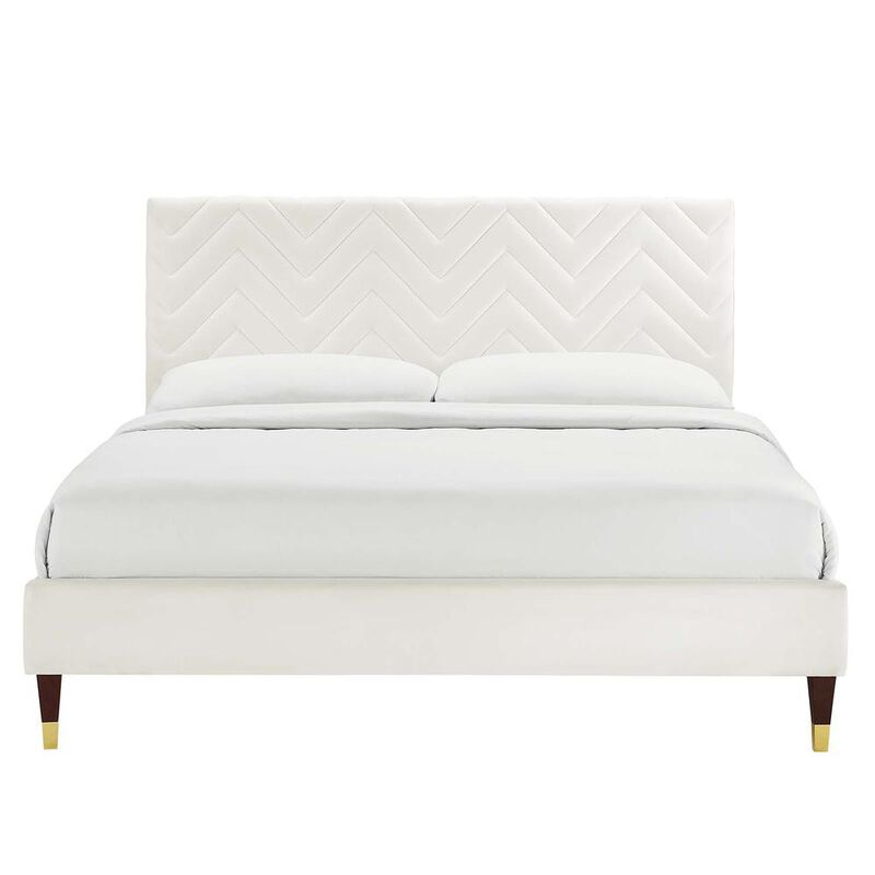 Modway MOD-6969-WHI Leah Chevron Tufted Performance Velvet Queen Platform Bed, White image number 2