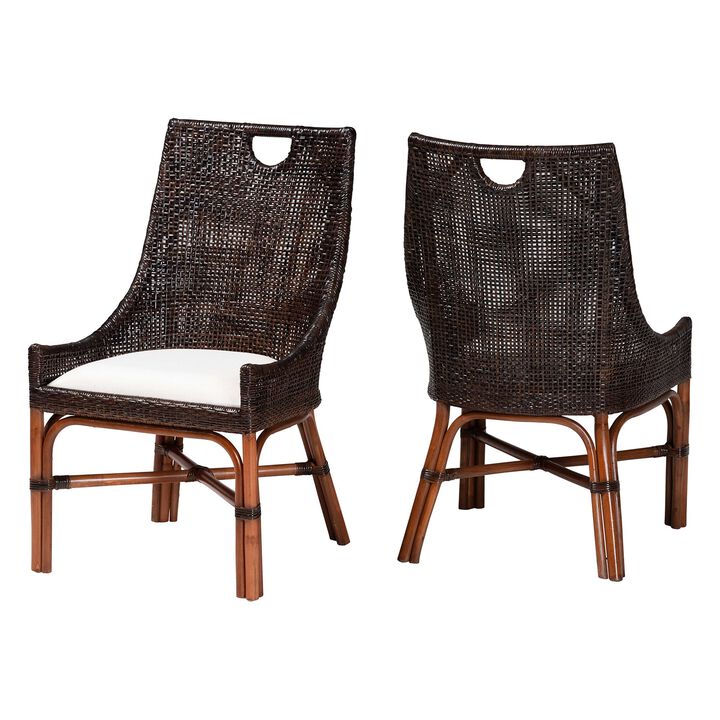 bali & pari Petra Natural Rattan 2-Piece Dining Chair Set - Handwoven Wicker Accent Chair with Wingback Profile and Cutout Handle, Espresso
