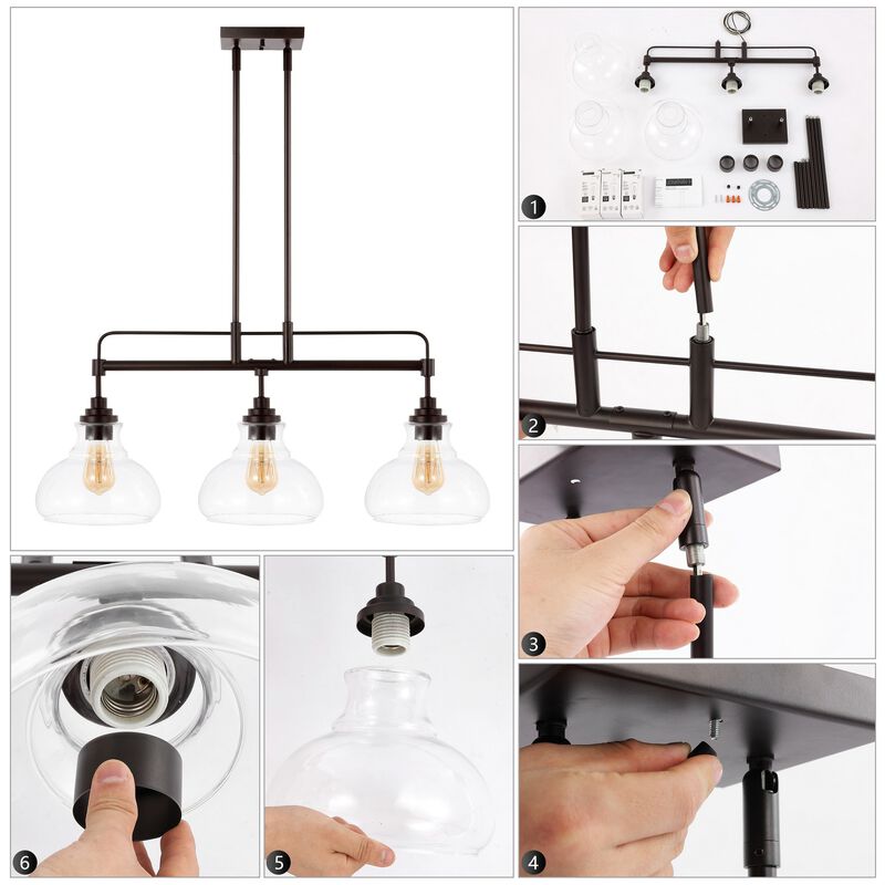 Marlowe 3-Light Farmhouse Industrial Iron/Glass Linear LED Pendant