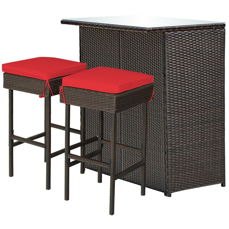 3PCS Patio Rattan Wicker Bar Table Stools Dining Set