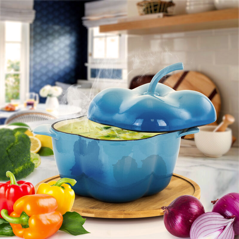 MegaChef Pepper Shaped 3 Quart Enameled Cast Iron Casserole in Blue
