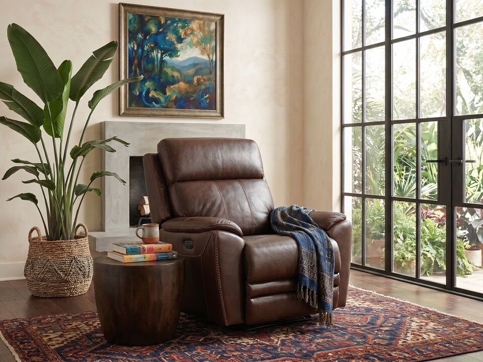Talladega Chestnut Leather Power Rocking Recliner with Adjustable Headrest & Lumbar