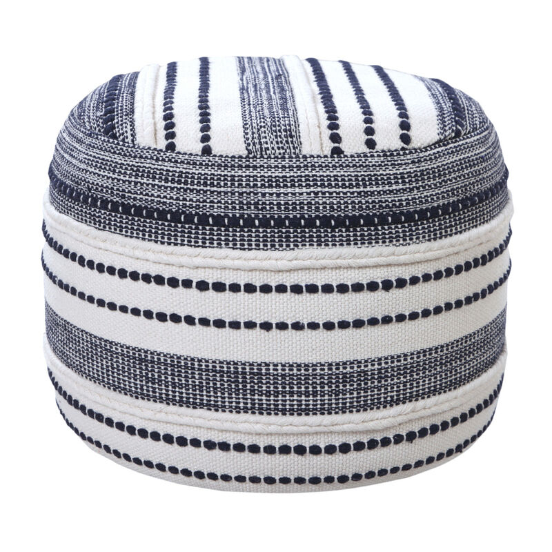 Hivvago 18 Inch Blue Cotton Cylinder Striped Pouf Ottoman