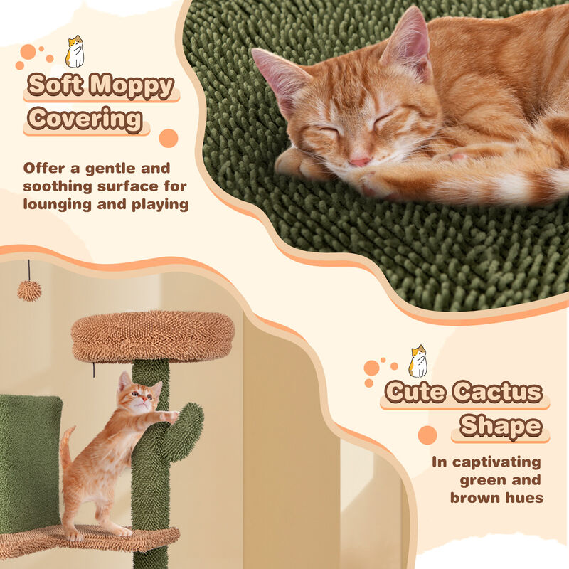 Multi-Level Cactus Cat Tree with Scratching Posts, Ladder, Double Condos, Toys, and Cozy Bed