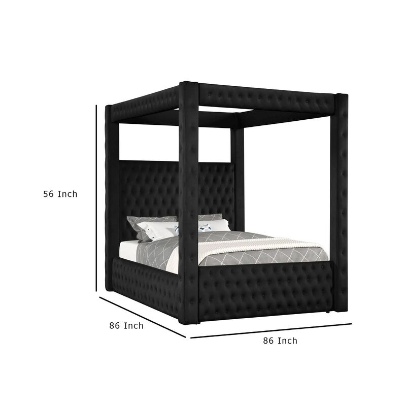 Beli King Size Canopy Bed, Tufted Design, Black Velvet Upholstery