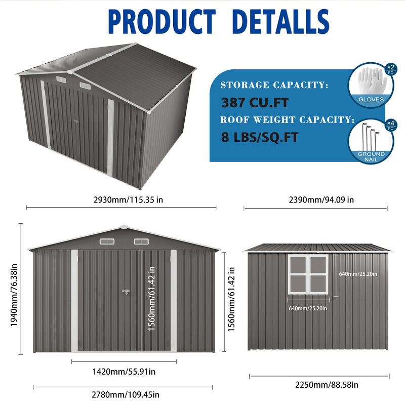 10x8 FT Large Metal Storage Shed, Lockable Door and Air Vent, Clear Window image number 4