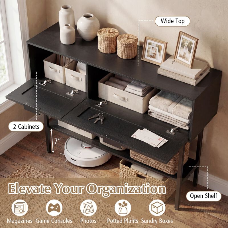 Rattan Entryway Console Table with Storage Cabinets Shelf and Metal Frame image number 7