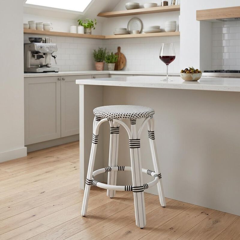 HomeRoots 24" Black And White Heavy Duty Plastic And Rattan Backless Counter Height Bar Chair image number 1