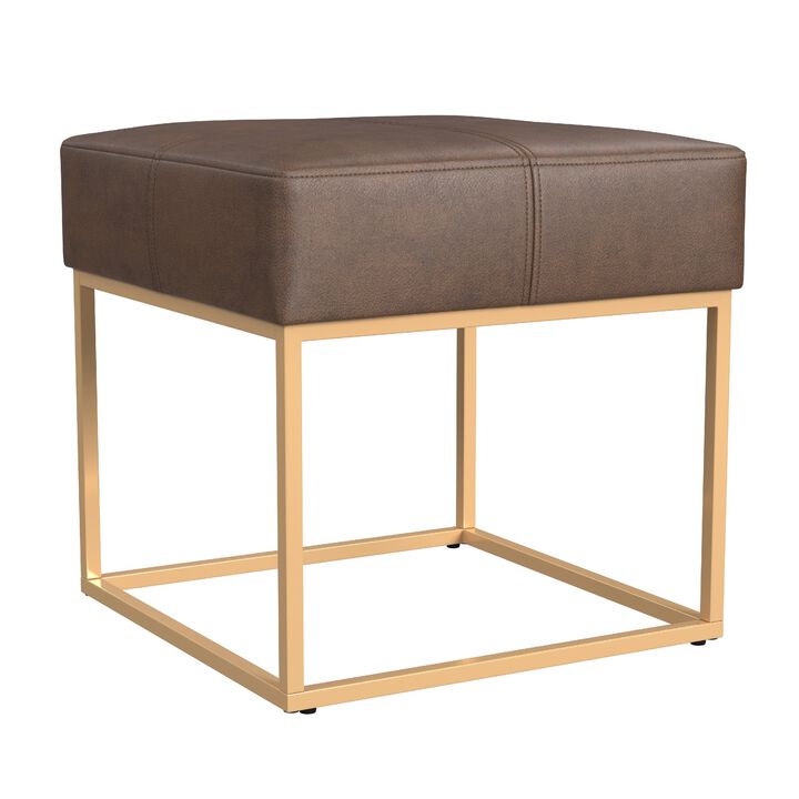 Kai Ottoman Footstool, Brown Faux Leather, Gold Metal, 18 Inch Square