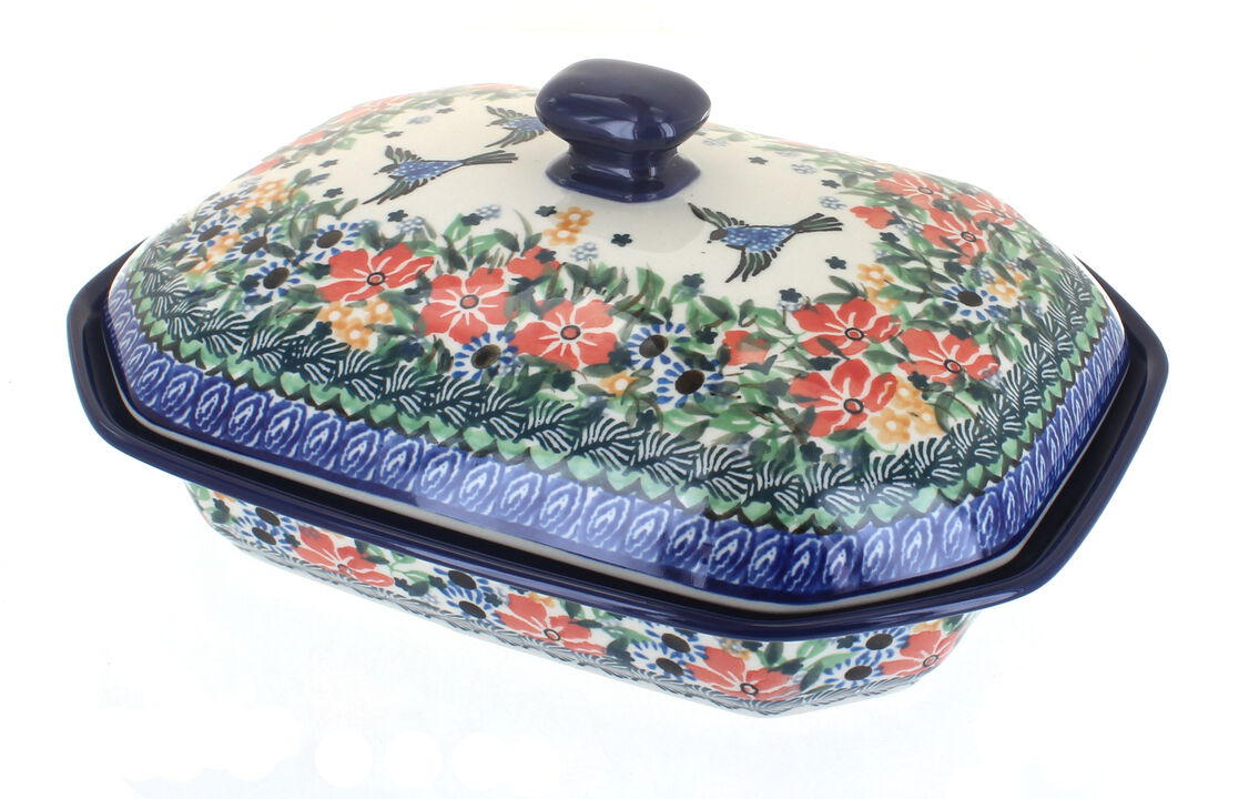 Blue Rose Polish Pottery Mockingbird Medium Covered Baker