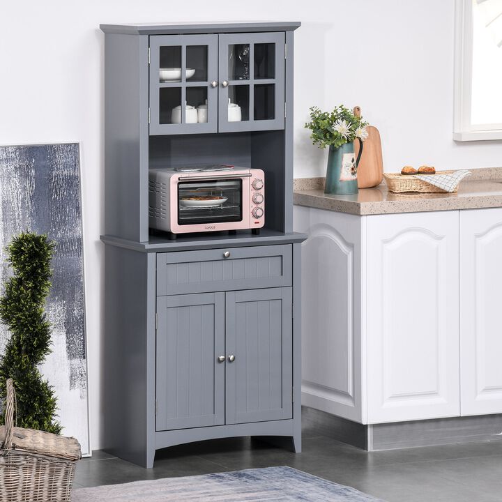 Elegant Buffet Hutch Cabinet, Freestanding Kitchen Pantry Storage Cabinet with Framed Glass Door Drawer & Microwave Space for Home Kitchen, Grey