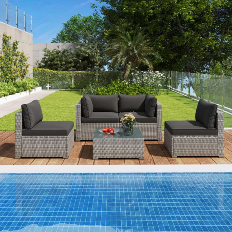 Hivvago 5-Piece Outdoor Patio Sectional Sofa Couch and Glass Coffee Table with Cushions
