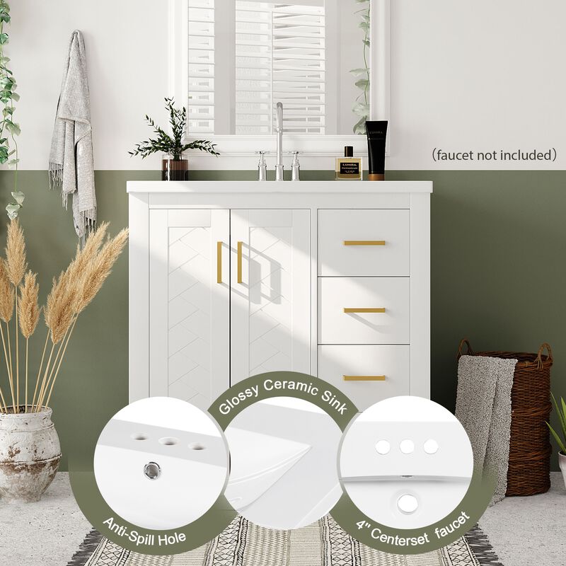 Merax Bathroom Vanity Cabinet with Undermount Ceramic Sink, 3 Drawers, Spacious Cabinet image number 3