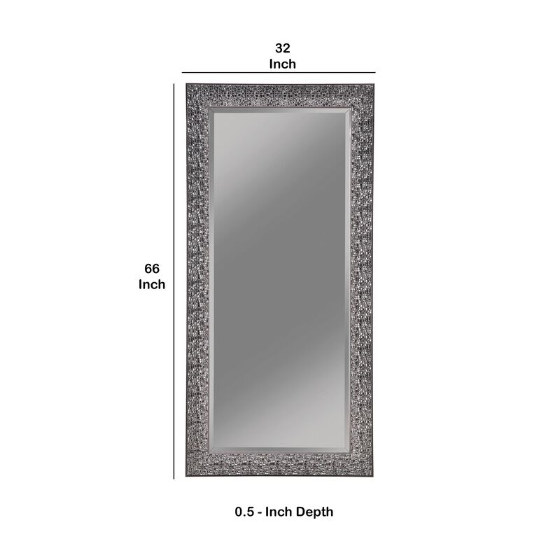 Rectangular Beveled Accent Floor Mirror with Glitter Mosaic Pattern, Gray - Benzara