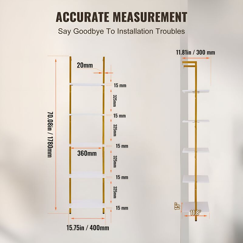 5 Tier Ladder Shelf, Wall Mounted Bookshelf with Metal Frame Storage Rack image number 2