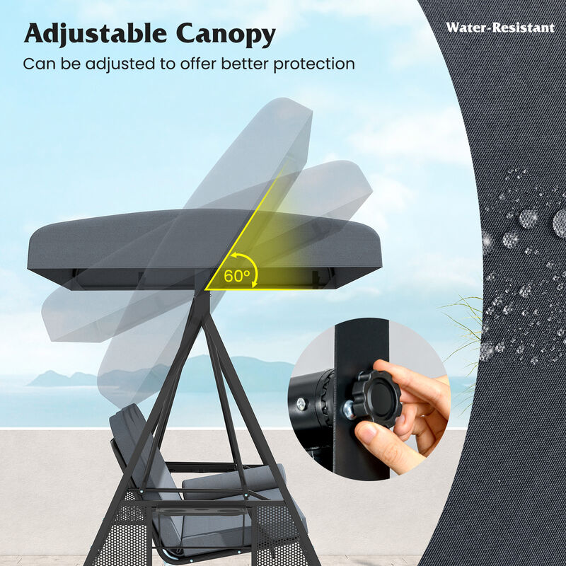 3-Person Patio Swing Chair with Canopy, Pillow and Foldable Side Trays image number 6