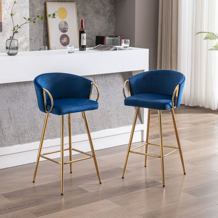 26 Inch Set of 2 Velvet Bar Stools with Chrome Footrest and Golden Base Counter Height Stools