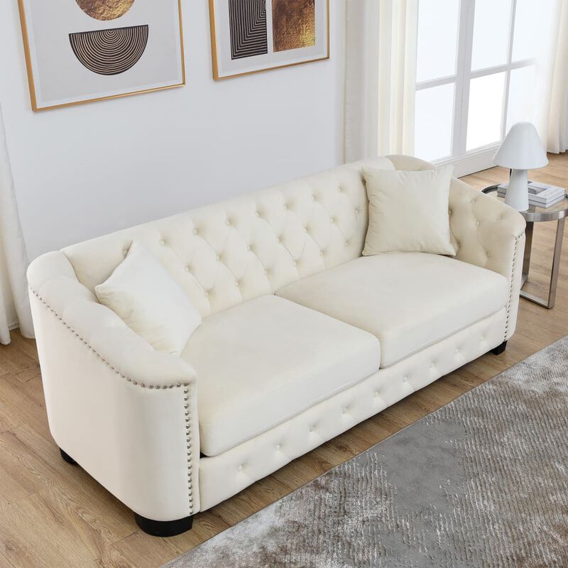 77 Inch Velvet Chesterfield Sofa, Button Tufted 3 Seater Sofa with Rolled Arms and Nailhead Trim, Upholstered Sofa with 2 Pillows image number 3