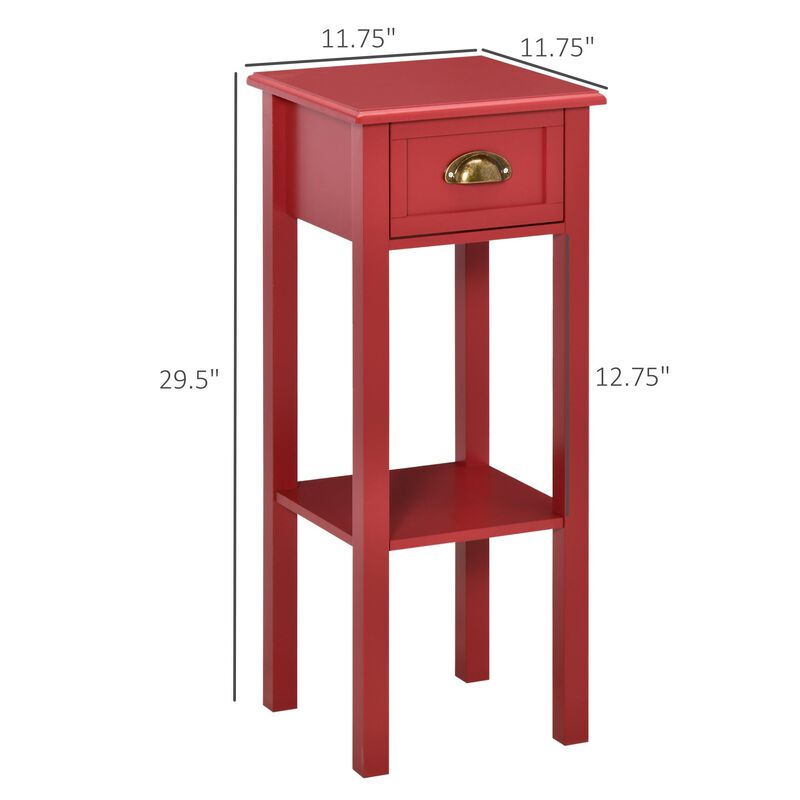 Red Narrow End Table: 2-Tier Side Table with Drawer for Living Room