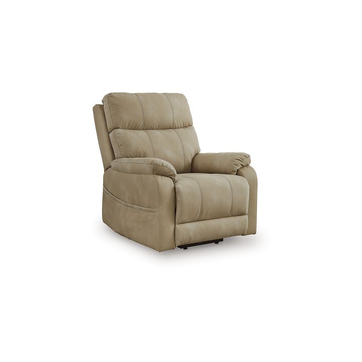 Corbin Power Lift Recliner Chair, Sand Faux Leather, Pillow Top Arms - Benzara