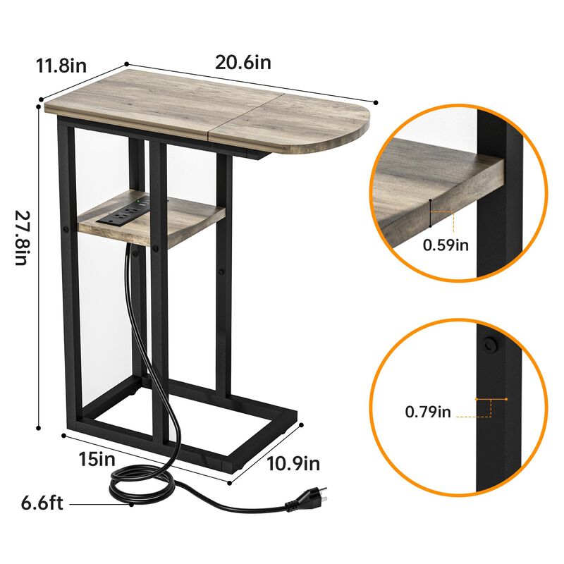 eiskah C Table End Table with Charging Station, Couch C Shaped Side Table for Living Room, Bedroom, Laptop Table with USB Ports