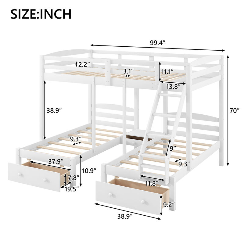 Merax Full over Twin & Twin White Triple Bunk Bed with Multi Storage Drawers image number 4