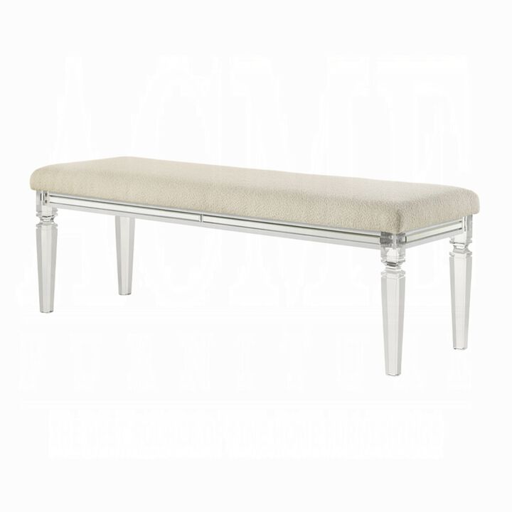 Rara Bench, Beige Padded Seat, 54 Inch Clear Tapered Acrylic Legs