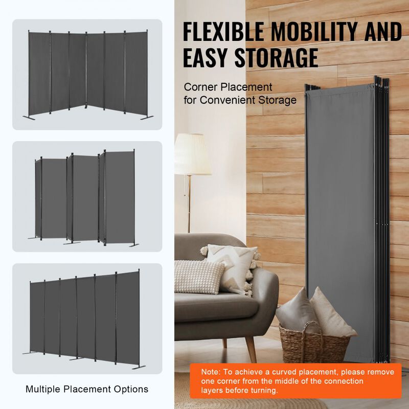 Folding Room Divider with 6 Panels, Portable Privacy Screen for Office, Bedroom & Living Room-Grey image number 6