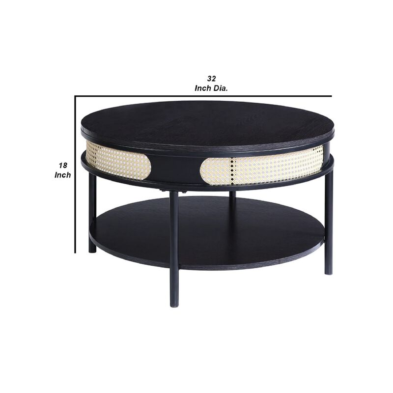 Bert 32 Inch Round Coffee Table, Rattan Apron Accent, Metal Legs, Black-Benzara