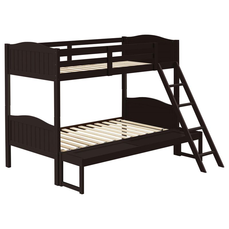 Laro Twin over Full Bunk Bed, Attached Ladder, Guard Rails, Brown Wood - Benzara