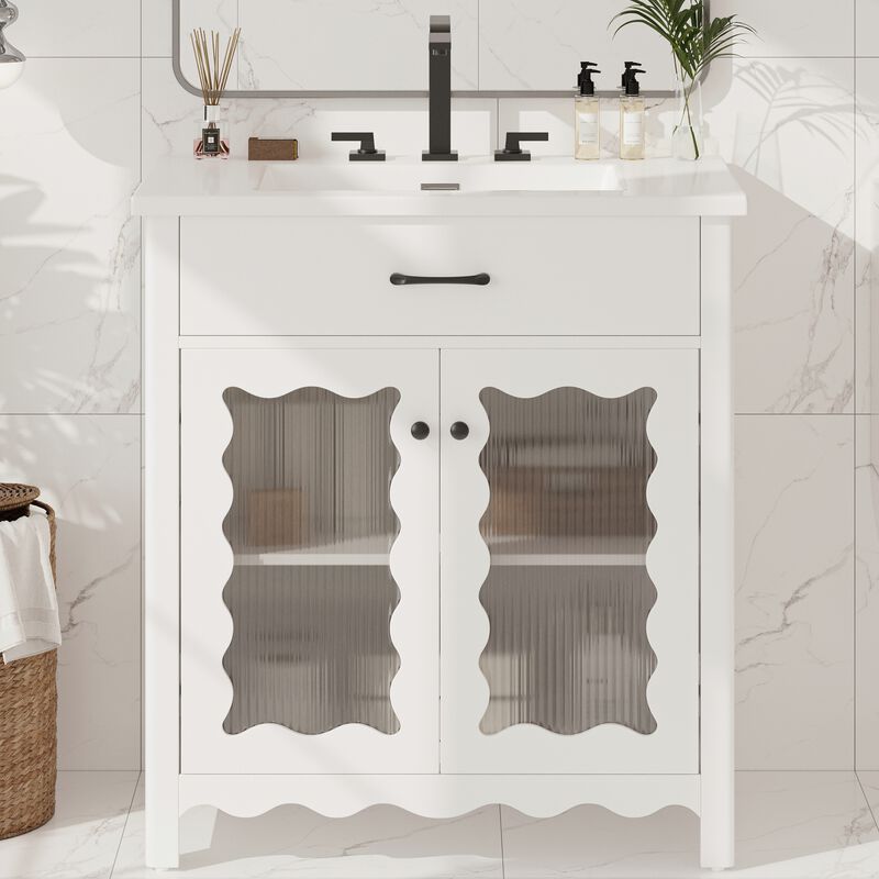 31" Modern Bathroom Cabinet with Tempered Glass, White