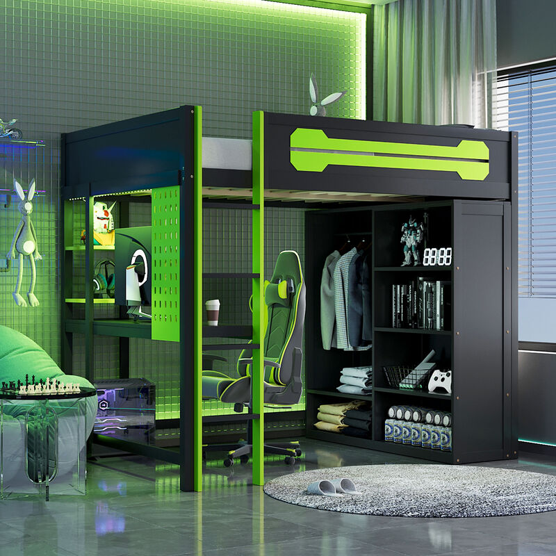 Merax Full Size Gaming Loft Bed with Desk, Wardrobe & RGB Lights image number 2