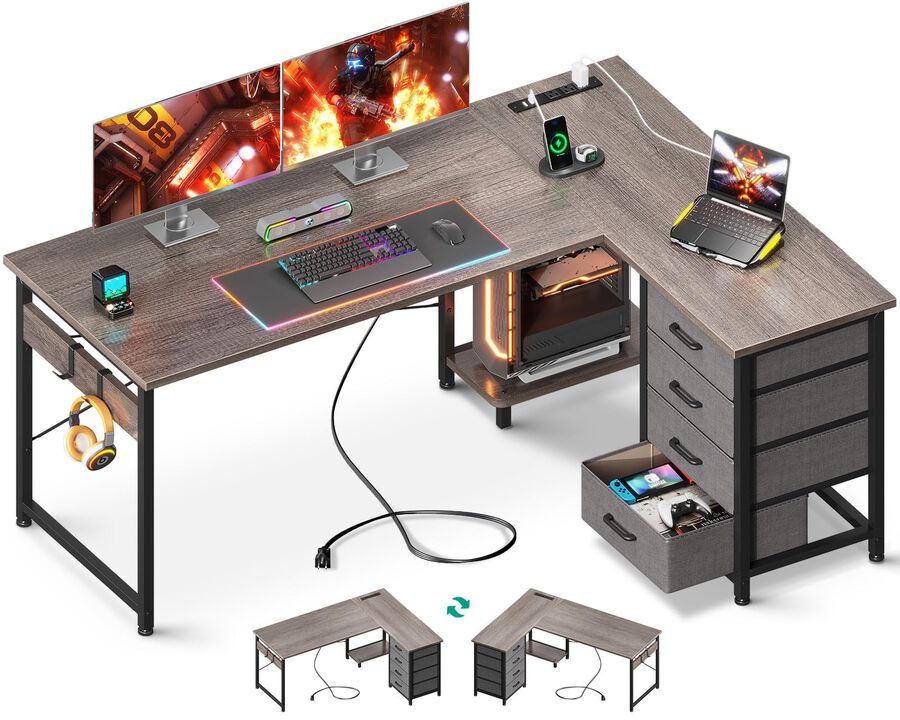 AODK L Shaped Desk with 4 Tier Drawers, 53 Reversible Gaming Desk with Power Outlets, L Shaped Computer Desk with USB Charging