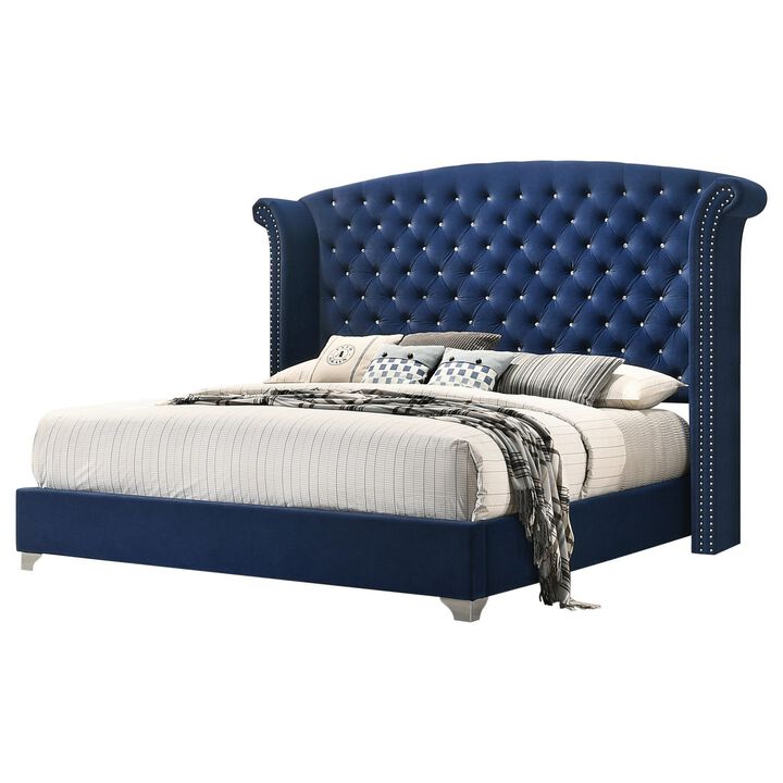 Giya Wingback King Bed, Tufted Headboard, Pacific Blue Velvet Upholstery - Benzara