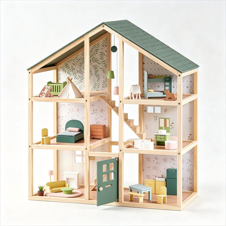 Wooden Dollhouse - 6 Rooms Wooden Doll House, DIY Pretend Doll House with 31Pcs Furniture Accessories, Creative Gift for Girl