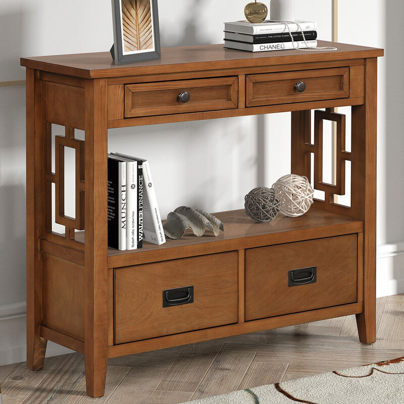 GOODSILO Farmhouse Pine Wood Console Table Entry Sofa Table with 4 Drawers and Storage Shelf image number 4