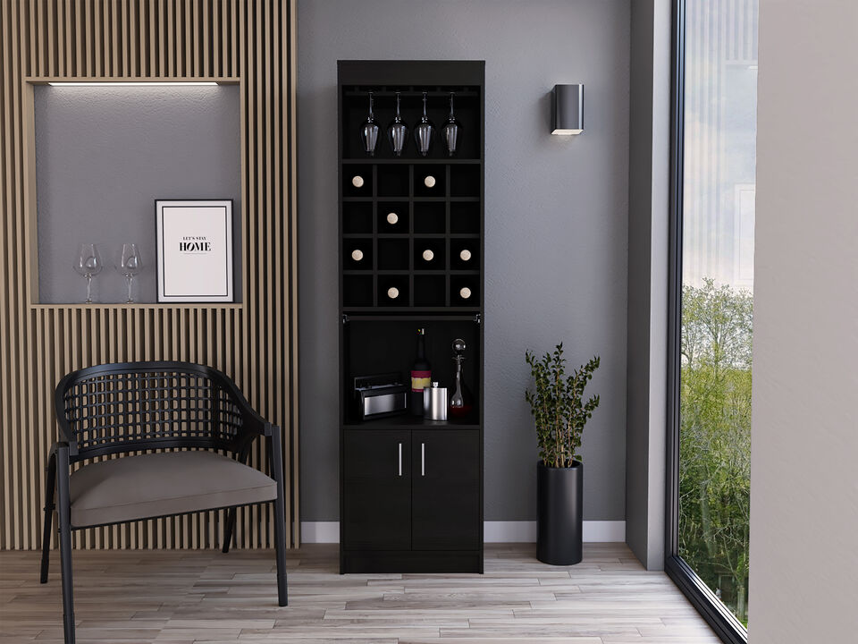 DEPOT E-SHOP Soria Bar Double Door Cabinet, Sixteen Built-in Wine Rack, Concealable Serving Tray, One Shelf, Black